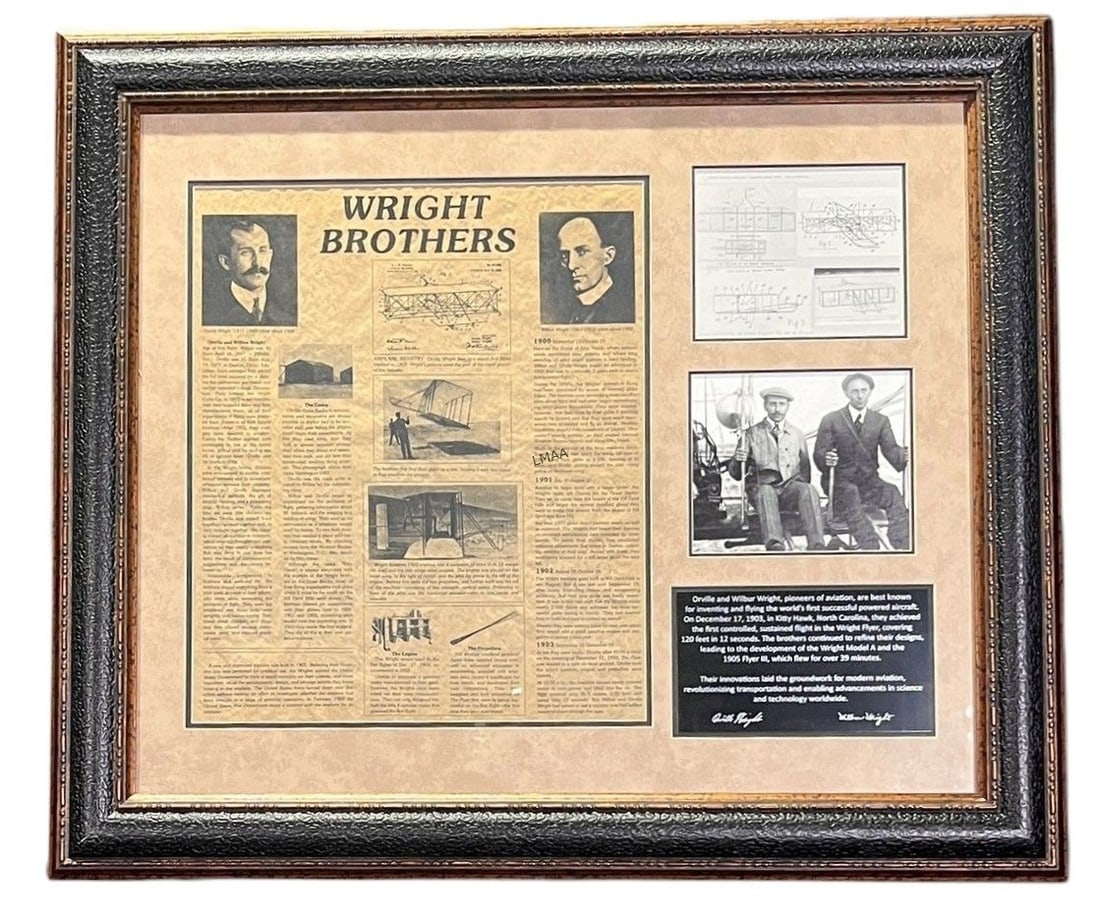WRIGHT BROTHER'S MEMORABILIA FRAMED: WRIGHT BROTHER'S MEMORABILIA FRAMED Height: 24.5 in. by Width: 28.5 in. by Depth: 1 IN.