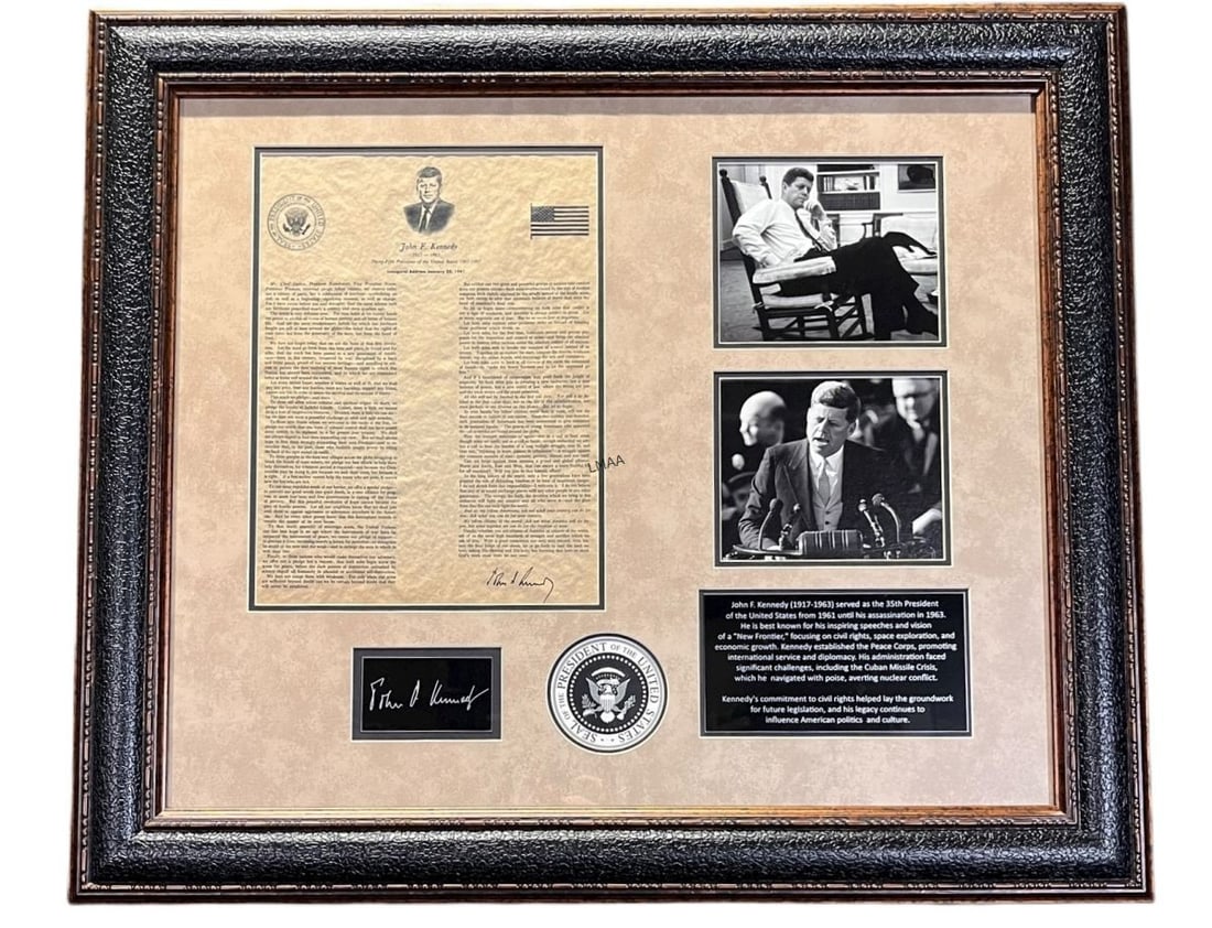 JFK MEMORABILIA FRAMED: JFK MEMORABILIA FRAMED Height: 24.5 in. by Width: 28.5 in. by Depth: 1 IN.