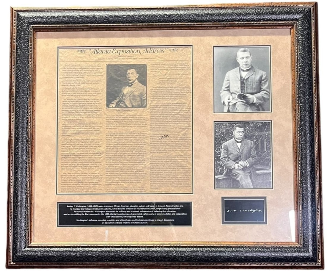 BOOKER T WASHINGTON MEMORABILIA FRAMED: BOOKER T WASHINGTON MEMORABILIA FRAMED Height: 24.5 in. by Width: 28.5 in. by Depth: 1 IN.
