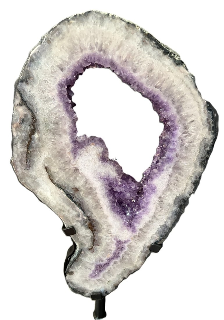 AMETHYST ON IRON STAND: AMETHYST ON IRON STAND. 20.2kg. Height: 23 in. by Width: 13 in. by Depth: 2 in.