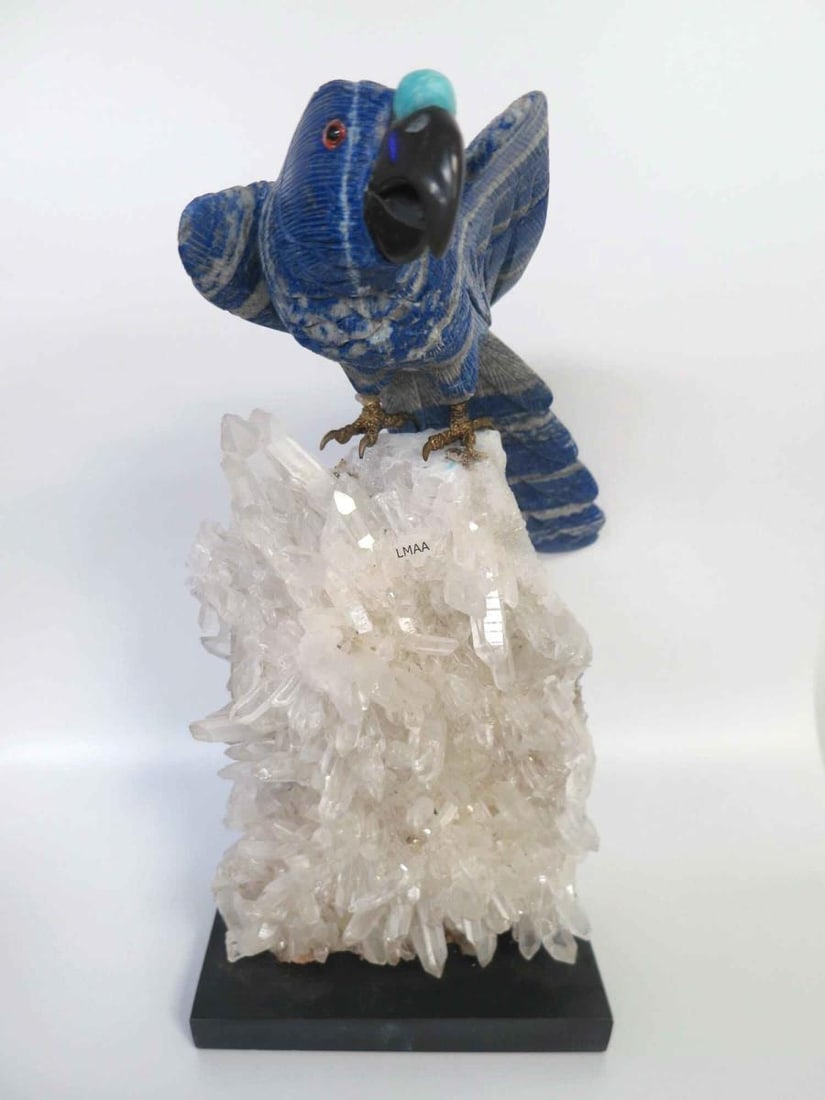 PERUVIAN LAPIS PARROT ON CRYSTAL AGATE BASE: PERUVIAN LAPIS PARROT ON CRYSTAL AGATE BASE. Height: 11 in. by Width: 5.5 in. by Depth: 6 in.