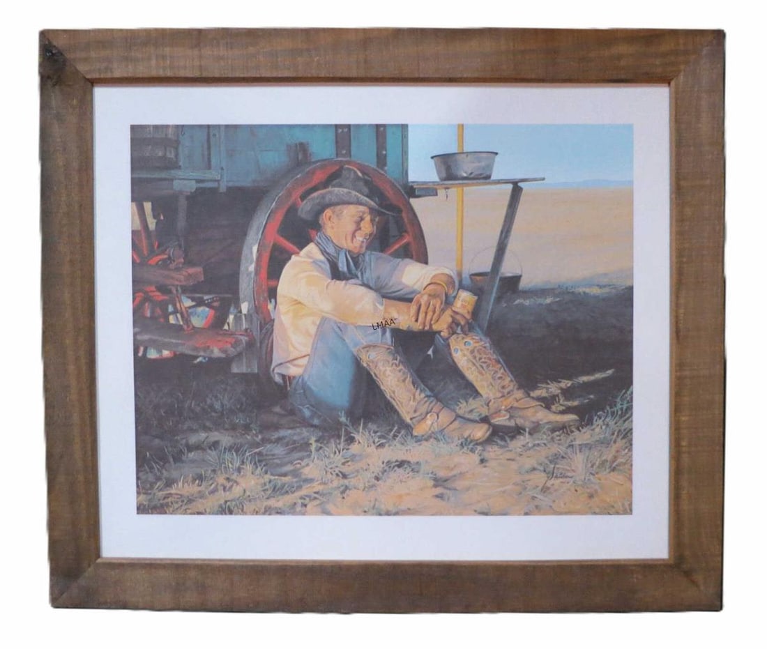 RUSTIC FRAMED COWBOY AND WAGON PRINT: RUSTIC FRAMED COWBOY AND WAGON PRINT. Height: 28 & 18 in. by Width: 32.5 & 24 in. by Depth: 3/4 in.