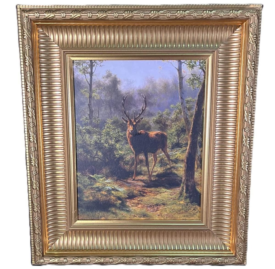 GICLEE ON CANVAS DEER SCENE IN A NICE GILT FRAME: GICLEE ON CANVAS DEER SCENE IN A NICE GILT FRAME Height: 24 in. by Width: 20 in.