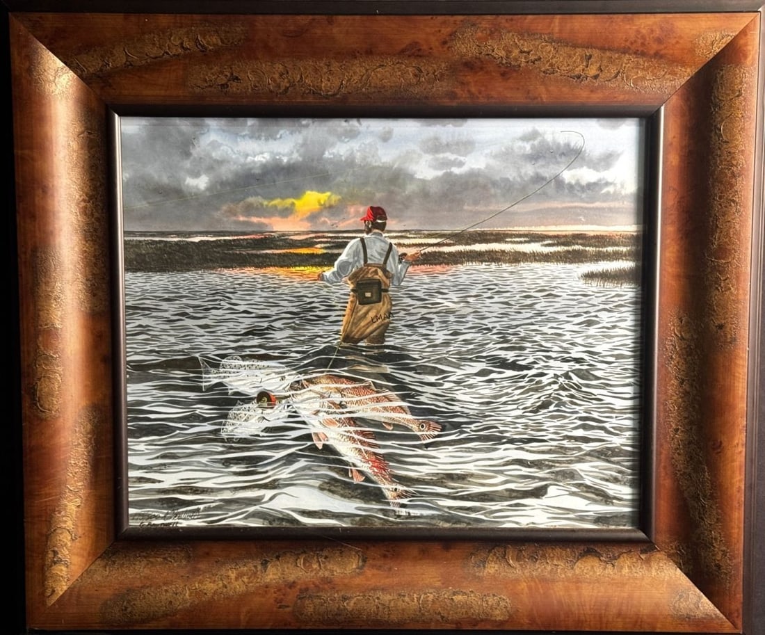 GEORGE BOUTWELL FISHING LITHO: GEORGE BOUTWELL FISHING LITHO Height: 30 in. by Width: 34
