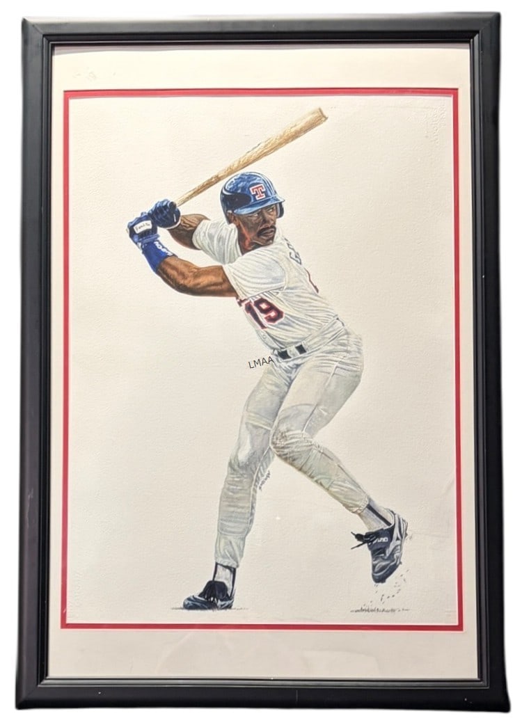 TEXAS RANGERS BASEBALL PLAYER ORIGINAL WATERCOLOR: TEXAS RANGERS BASEBALL PLAYER ORIGINAL WATERCOLOR. Height: 39 in. by Width: 27 in.