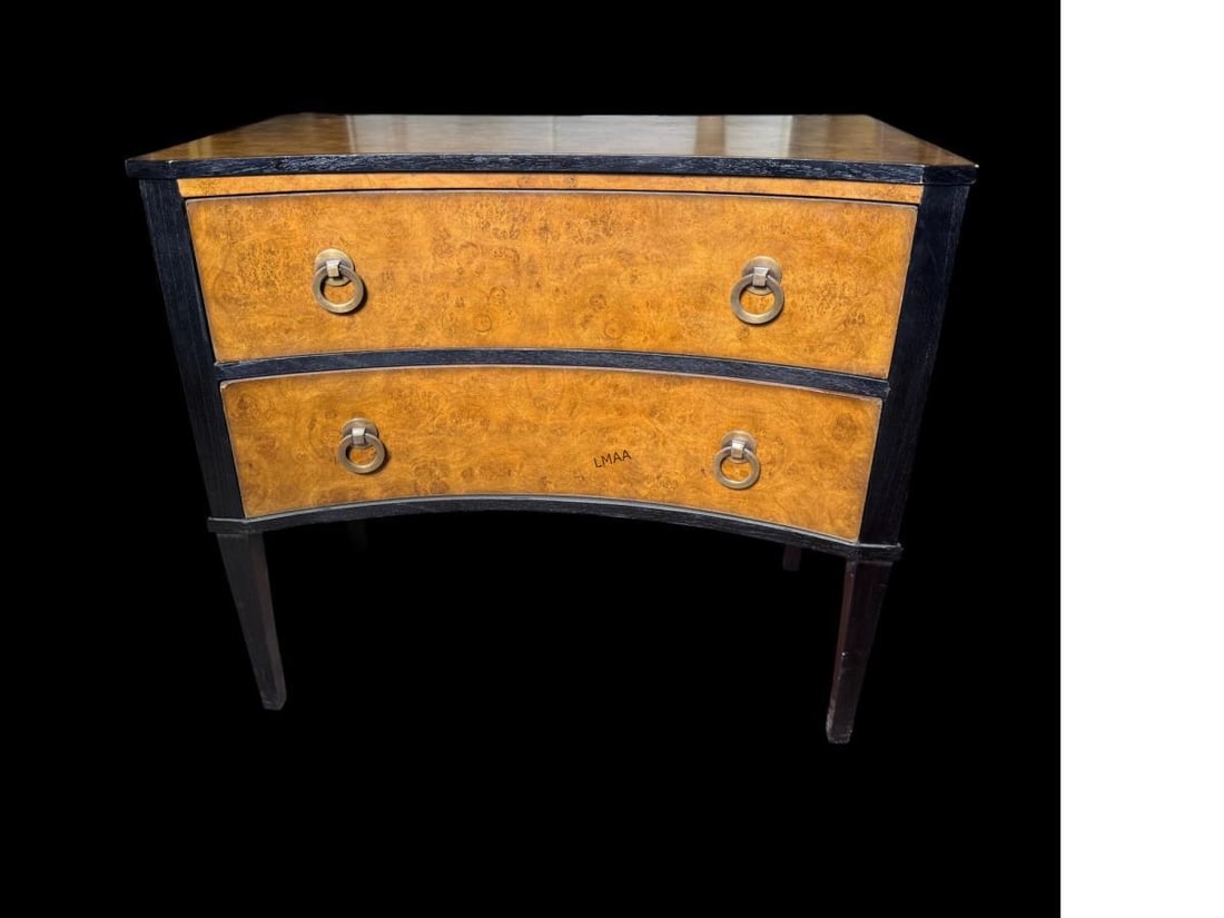 MODERN 2 DRAWER CHEST: MODERN 2 DRAWER CHEST ,BURL VENEER, TWO BOWED DRAWERS, BRUSHED BRASS RING PULL HARDWARE. CLEAN -LINED DESIGN BLENIDNG FRENCH INFLUENCES WITH MODERN STYLING. Height: 32.5 in. by Width: 36 in. by