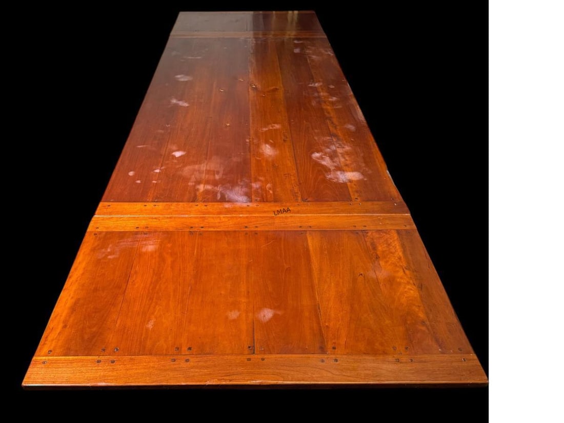 AMERICAN FEDERAL / SHERATON HARVEST TABLE: IN THE STYLE OF AMERICAN FEDERAL / SHERATON HARVEST, CHERRY EXTENTION DINNING TABLE, SOLID CHERRYWOOD, HAND-PEGGED CONSTRUCTION WITH BREADBOARD ENDS. 78"; EXTENDS TO 126". Height: 30 in. by Width: