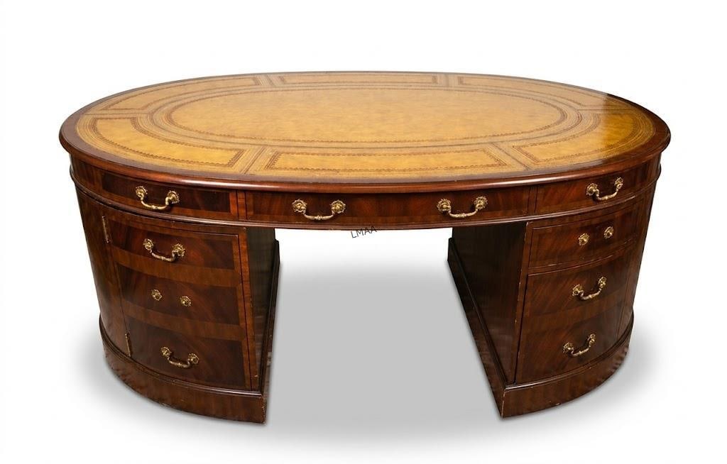 VERY FINE GEORGIAN OVAL TOP ENGLISH DESK: VERY FINE GEORGIAN OVAL TOP ENGLISH DESK WITH TOOLED LEATHER TOP Height: 30 in. by Width: 70 in. by Depth: 45
