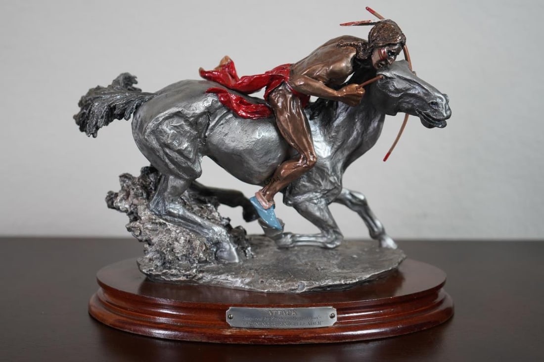 Anne McGory - Chilmark Pewter "Attack" Bronze: Anne McGory - Chilmark Pewter "Attack" Bronze Inspired by Fredric Remington's "Downing the Nigh Leader" mounted on its original wood display base with the titled plaque. 89/350 (13) Height: 11" in.
