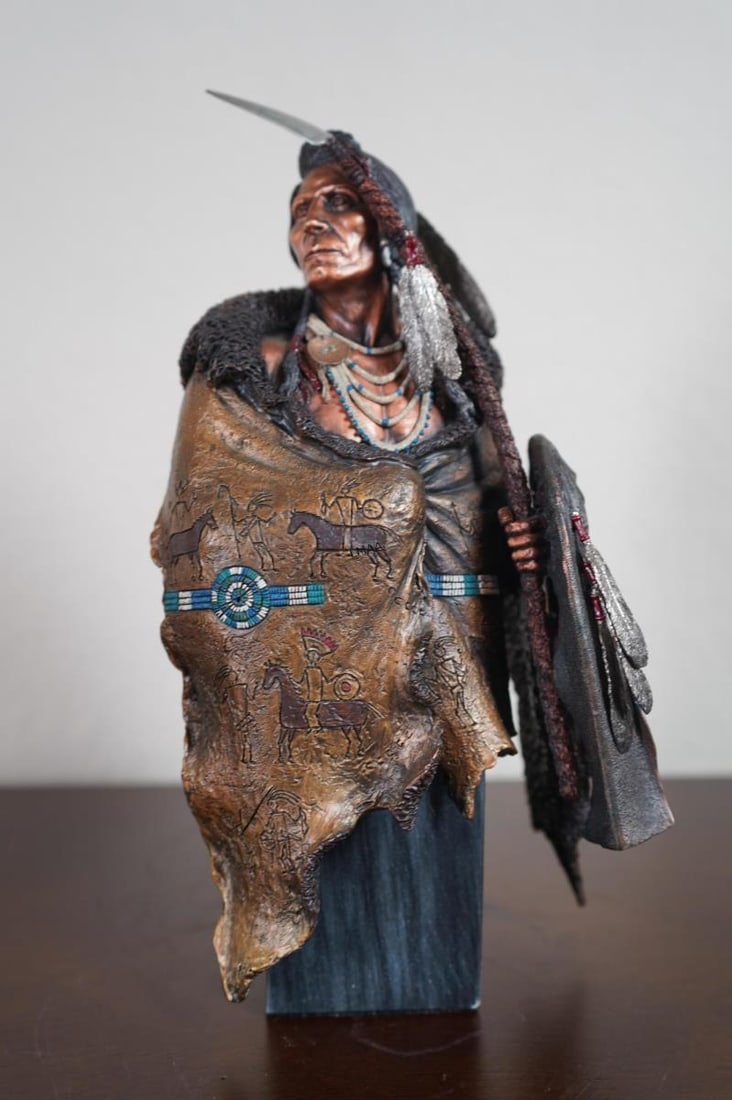 Joseph Slockbower "Sacred Robe": Joseph Slockbower - Sacred Robe - 110 of 500 Signed Sculpture Cold cast bronze with hand painted accents on a marble stand (19) Height: 11 1/2" in. by Width: 6"