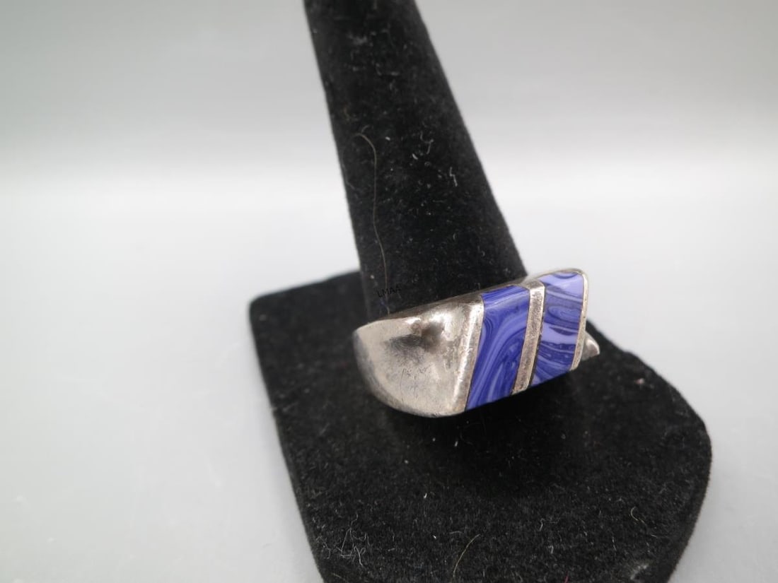 MEN'S STERLING DIAGONALLY SET LAPIS/QUARTZ RING - 4