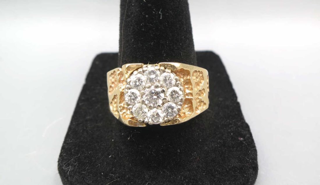 MEN'S GOLD NUGGET STYLE DIAMOND CLUSTER RING: MEN'S GOLD NUGGET STYLE DIAMOND CLUSTER RING. 8 GRAMS T.W. SIZE 9.