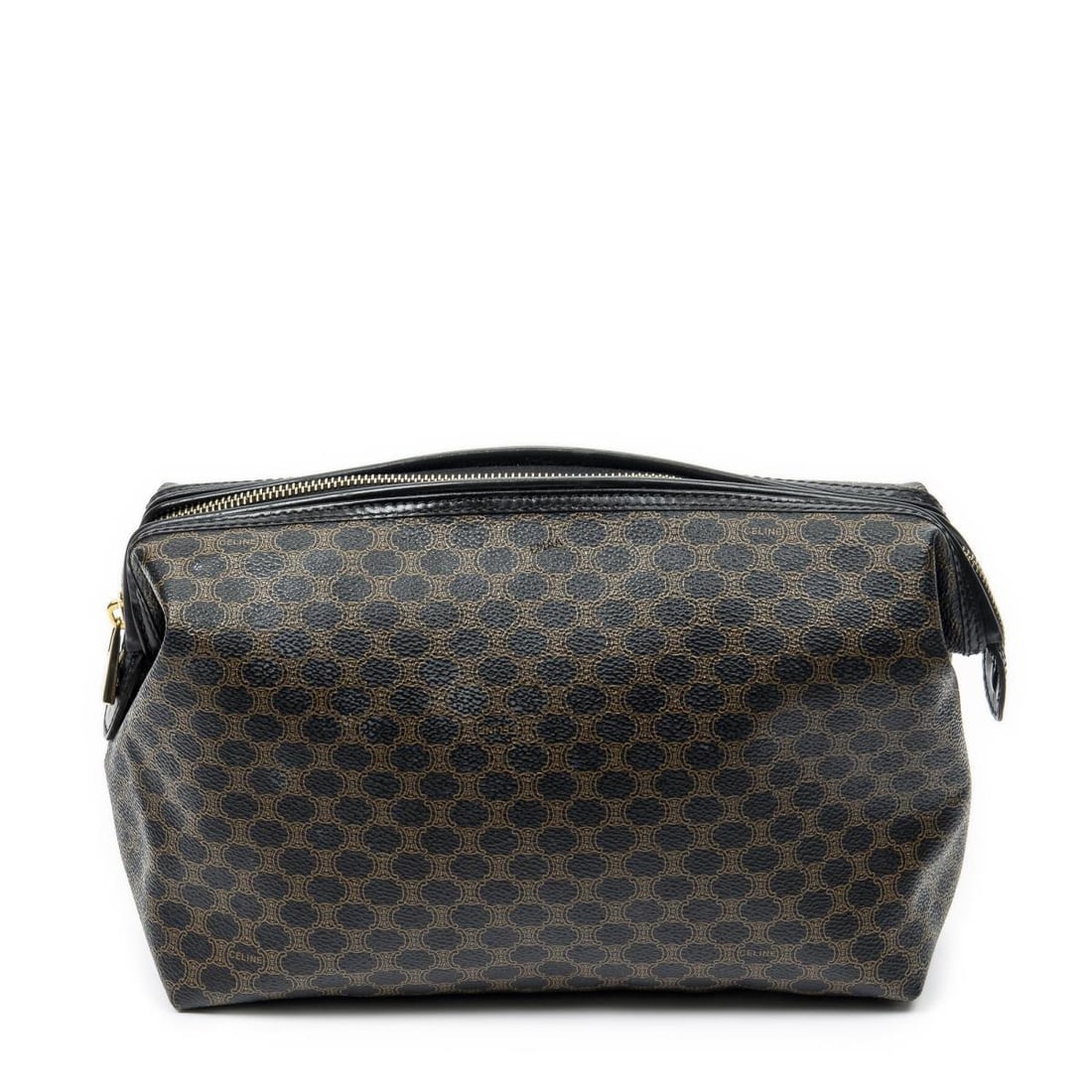 Celine Frame Toiletry Pouch Handbag: Celine Frame Toiletry Pouch Handbag. Made from Macadam Coated Canvas with straps/handles and Gold hardware. Dimensions: 26*17*10cm. Accessories include: None. Condition Rating = A. Country of Origin: