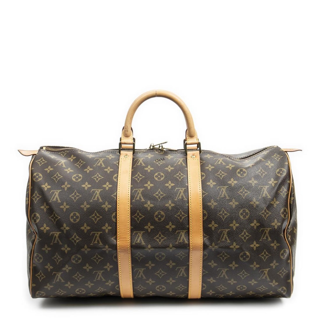 Louis Vuitton Keepall Travel Bag: Louis Vuitton Keepall Travel Bag. Made from Monogram Canvas with Vachetta straps/handles and Golden Brass hardware. Dimensions: 50*26*22cm. Accessories include: . Condition Rating = A. Country of