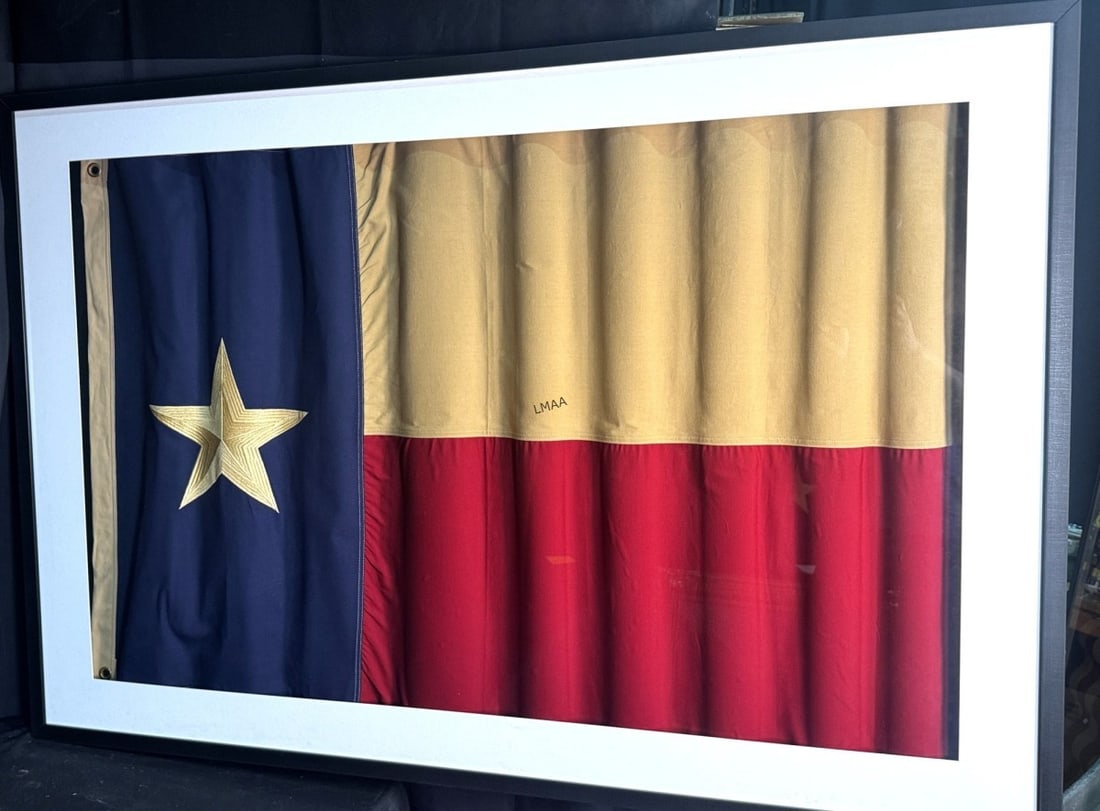 FRAMED HAND STITCHED TEXAS FLAG: FRAMED HAND STITCHED TEXAS FLAG Height: 41 in. by Width: 61