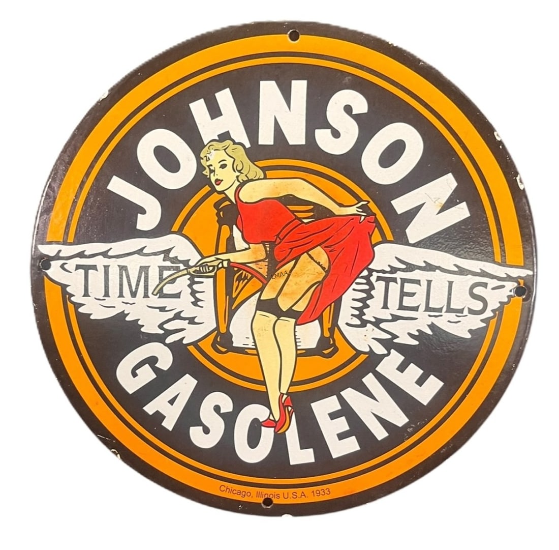 JOHNSON GASOLINE METAL SIGN: JOHNSON GASOLINE METAL SIGN Height: 11.6 in. by Width: 11.6 in.