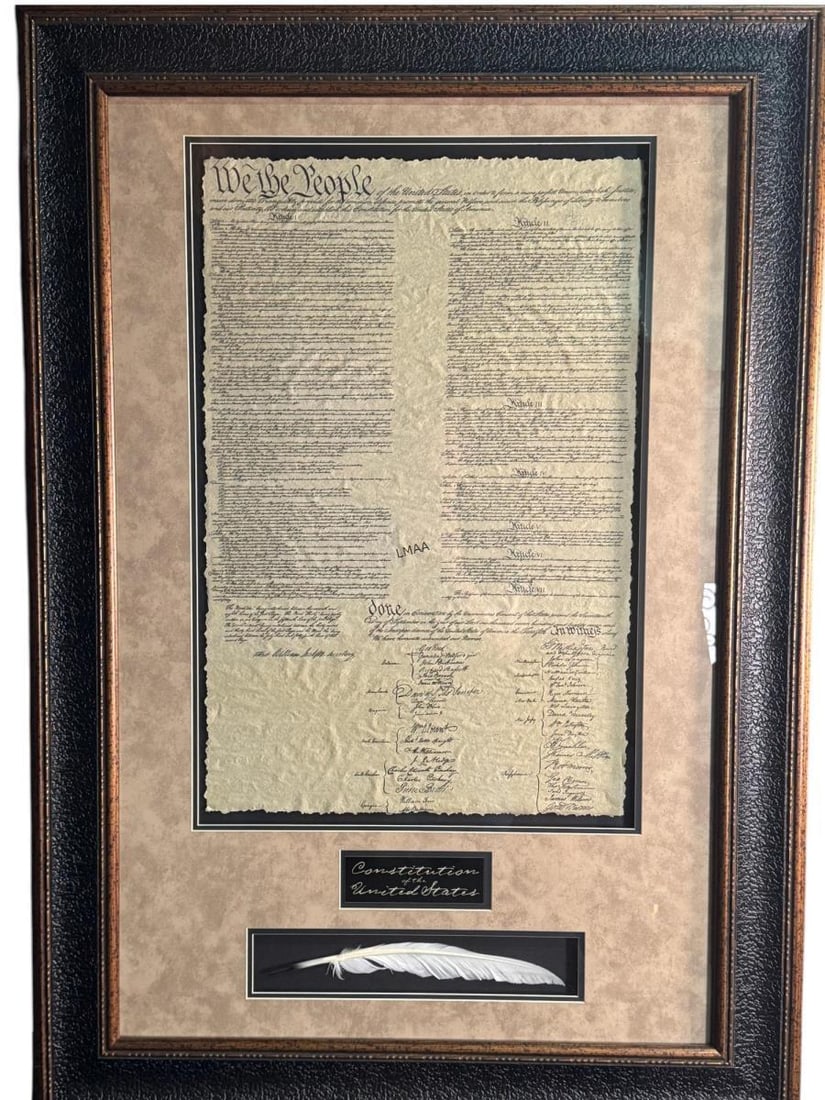 REPRODUCTION OF THE UNITED STATES CONSTITUTION: DECORATIVE REPRODUCTION OF THE UNITED STATES CONSTITUTION. PROFESSIONLLY FRAMED WITH FEATHER QUILL BELOW IN THE FRAME Height: 47 in. by Width: 33