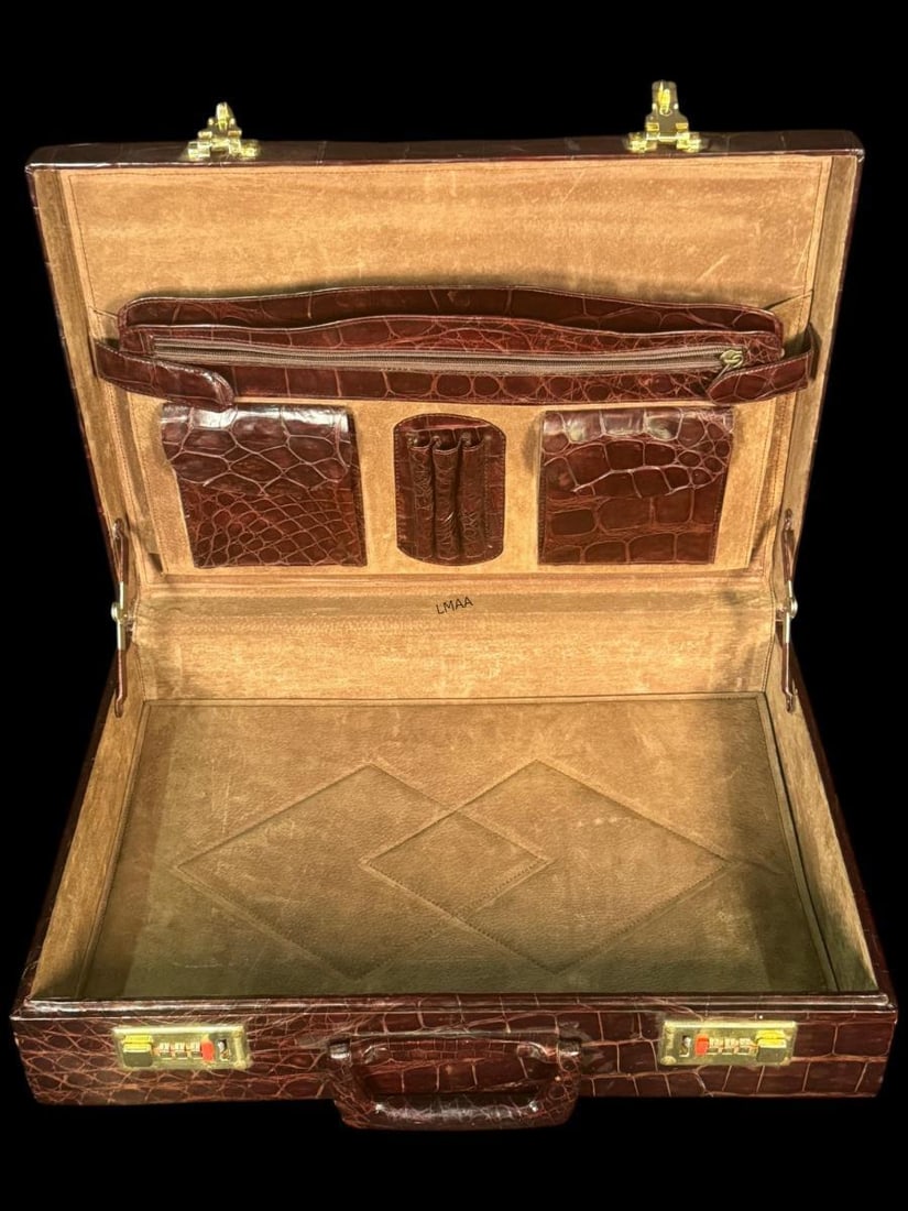 CROCODILE COVERED BRIEFCASE: CROCODILE SKIN COVERED BRIEFCASE. BROWN GENUINE EXOTIC REPTILE SKIN WITH TAN SUEDE INTERIOR Height: 12.5 in. by Width: 17.5 in. by Depth: 4