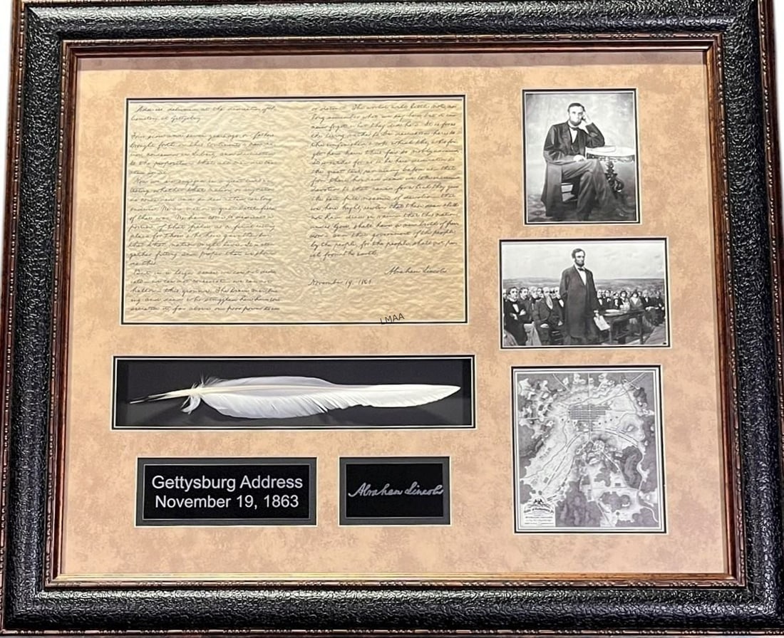 GETTYSBURG ADDRESS MEMORABILIA FRAMED: GETTYSBURG ADDRESS MEMORABILIA FRAMED Height: 24.5 in. by Width: 28.5 in. by Depth: 1 IN.