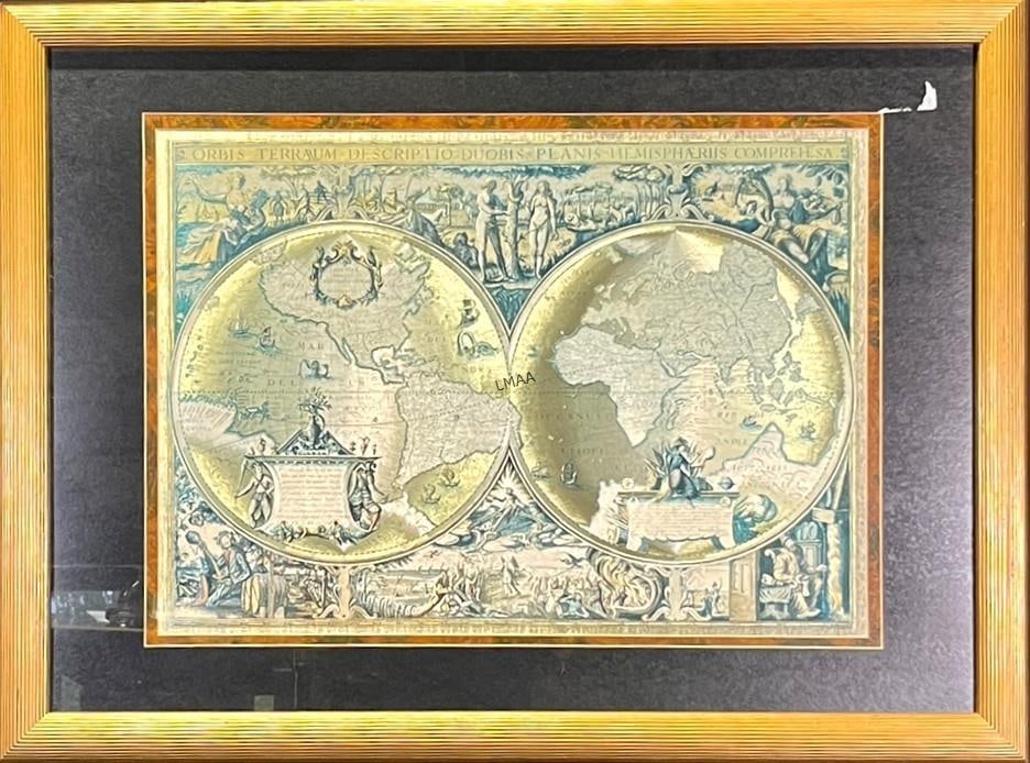 FRAMED & MATTED PRINT OF AN ANTIQUE WORLD MAP: FRAMED & MATTED PRINT OF AN ANTIQUE WORLD MAP (NOVA TOTIUS TERRARUM) OF 17th CENTURY STYLE CARTOGRAPHY USING FOIL TECHNIQUE TO GIVE THE MAP A METALLIC ANTIQUE FINISH. Height: 30 & 18 in. by Width: