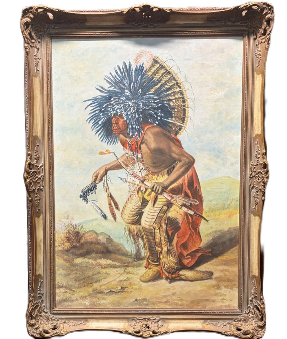 MOENNITARI WARRIOR OIL ON CANVAS BY GY REVAY: PEHRISKA-RUHRA MOENNITARI WARRIOR OIL ON CANVAS BY GY REVAY (UNGARIAN) Height: 46.5 in. by Width: 36.5 in.