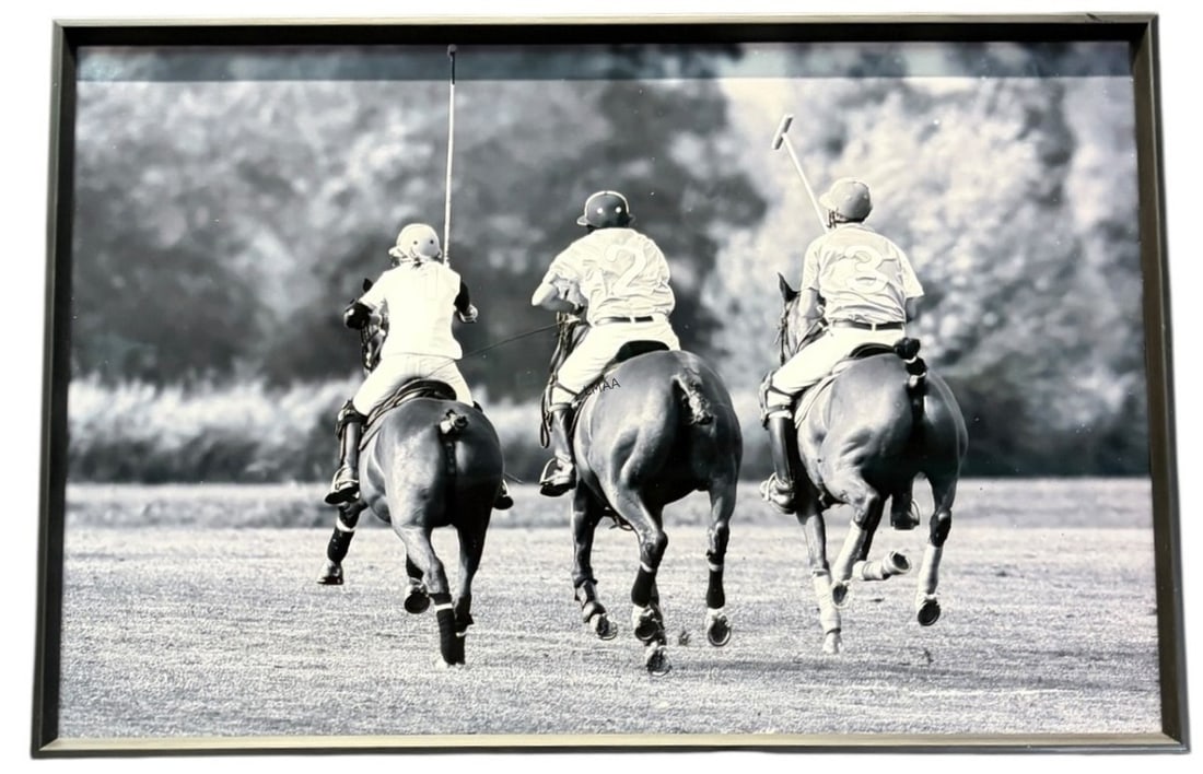 REVERSE GLASS BLACK AND WHITE POLO PLAYERS PHOTOL: REVERSE GLASS BLACK AND WHITE POLO PLAYERS PHOTOLITHO. Height: 16 in. by Width: 24 in. by Depth: 2 in.