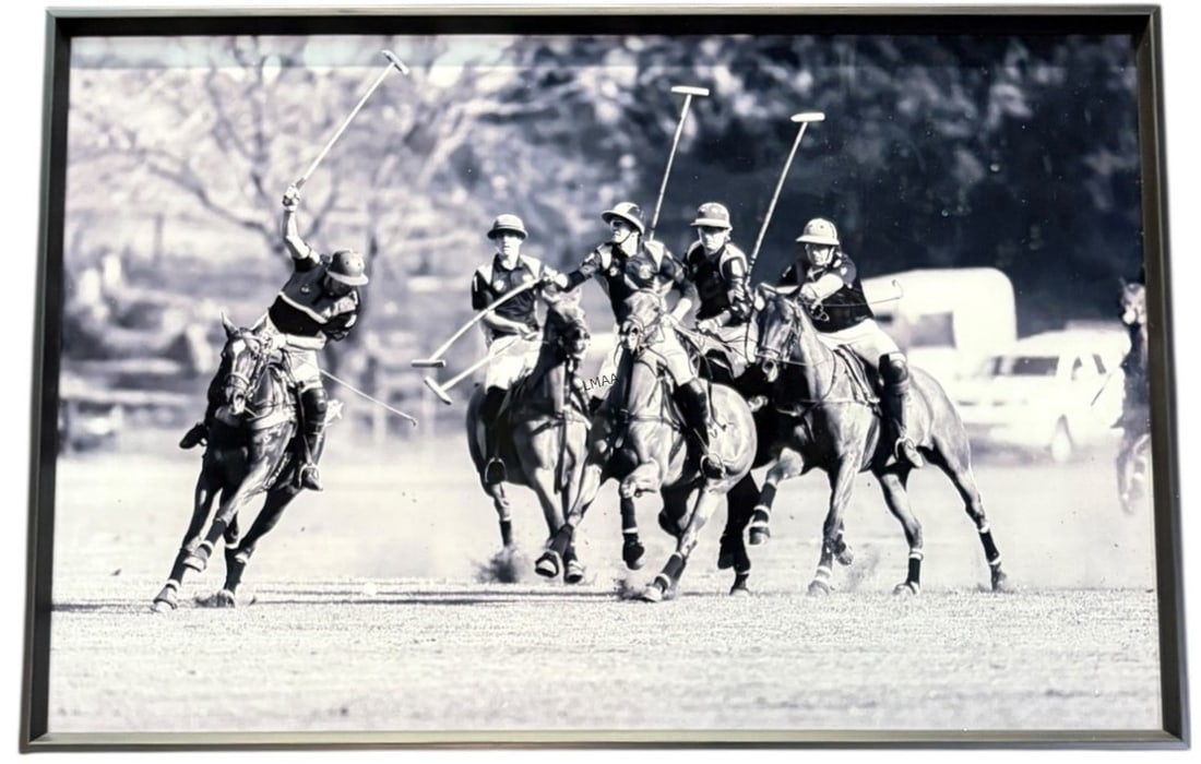 REVERSE GLASS BLACK AND WHITE POLO PHOTOLITHO: REVERSE GLASS BLACK AND WHITE POLO PLAYERS PHOTOLITHO. Height: 16 in. by Width: 24 in. by Depth: 2 in.