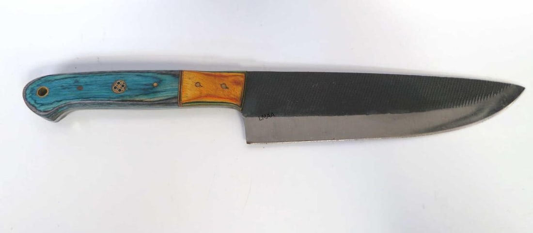 HANDMADE JAPANESE STYLE GYUTO CHEF'S KNIFE: HANDMADE JAPANESE STYLE GYUTO CHEF'S NASHIJI FINISH BLADE KNIFE WITH GREEN-BLUE WOODEN HANDLE. Height: 1.78 in. by Width: 12 in. by Depth: 5/8 in.
