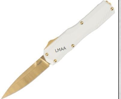 KERSHAW LIVEWIRE PLAIN EDGE SPEAR BLADE 3.3": KERSHAW LIVEWIRE PLAIN EDGE SPEAR BLADE 3.3" WHITE HANDLE WITH GOLD BLADE.