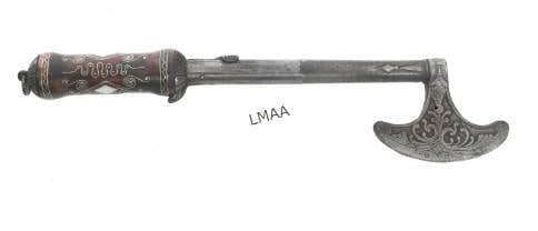 FANTASY .64 CALIBER HATCHET GUN INERT DISPLAY: FANTASY .64 CALIBER HATCHET GUN INERT DISPLAY Fantasy non-firing percussion hatchet gun display. Bore measures approximately .64 caliber / 16 gauge. Wood handle with Near East style wire and mother of
