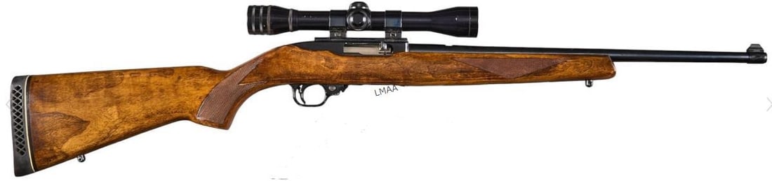 Ruger 10/22 22 LR Semi Auto Rifle: Ruger 10/22 22 LR semi auto rifle w/ Redfield Frontier 4x scope; Weaver mounts; checkered stock w/ Pachmayr White Line recoil pad; Good condition w. moderate wear; bore is good & bright w/ strong rifl