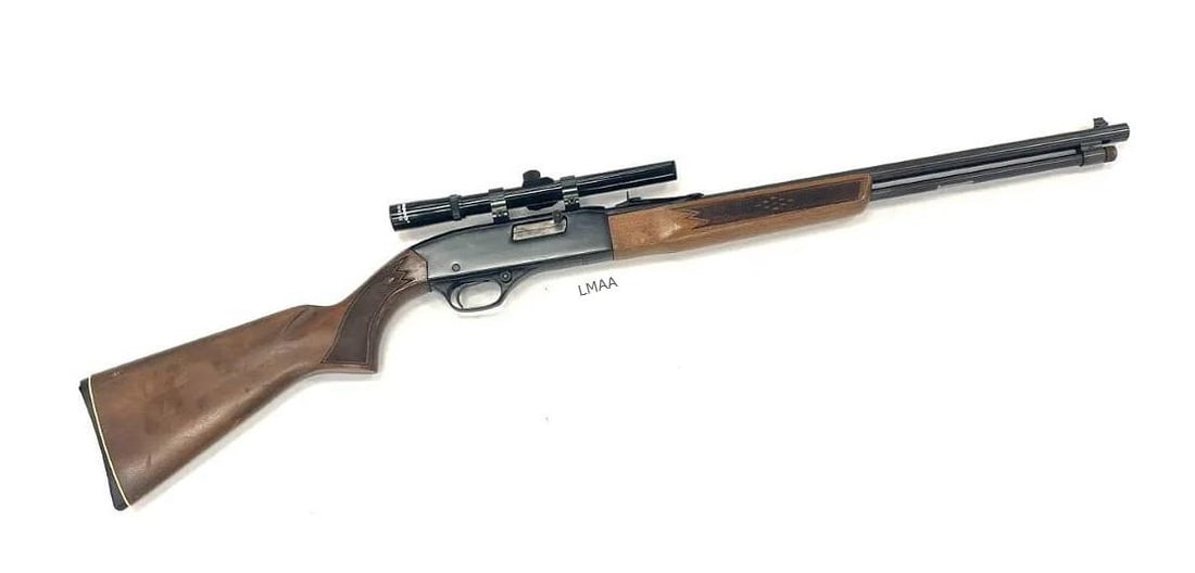 Winchester 190 .22 Caliber Semi Automatic Rifle: Winchester Model 190 .22 Caliber Semi Automatic Rifle with Scope The Winchester model 190 is in used condition. Barrel measures 20 .5 inches in length. Blueing is good but metal does obtain some pitti