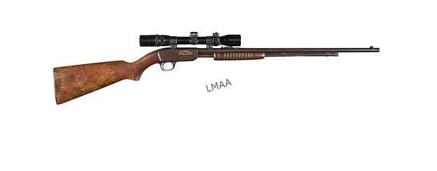 Winchester Model 61 22 LR Slide Action Rifle W/ Sc: Winchester Model 61 22 LR Slide Action Rifle W/ Scope Serial: 29876 Manufacturer: Winchester (c. 1937) Model: 61 Caliber: 22 LR Barrel Length: 24 in. OAL: 41.5 in. Condition: Fair; wood stock & pump h