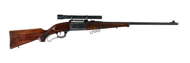 SAVAGE ARMS 99 .300 LEVER ACTION RIFLE: Savage Model 99 in .300 Savage with a five round capacity and a 24" barrel. Made in Chicopee Falls Massachusetts in 1951. Finish worn serrated metal butt plate. Checkered wood stock and Schnabel style