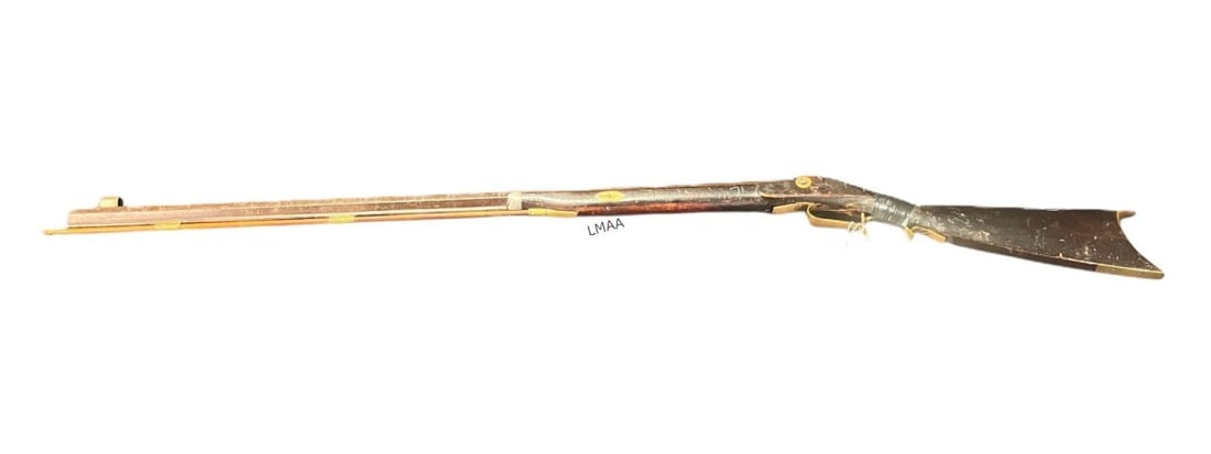 BLACK POWDER RIFLE: 38 caliber percussion rifle. Engraved side plate stamped "RICE". Fixed sights. Ram rod. (In need of repair) B. Antique no FFL required.