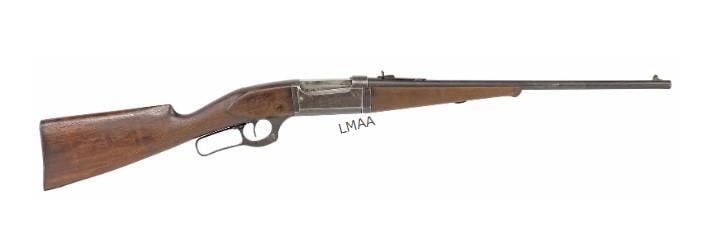 Savage 1899 Carbine Lever Action Mfg. 1913 303 Cal: Savage Model 1899 Carbine, lever action, mfg. 1913, 303 caliber, 20" round barrel, raised front white dot sight, barrel top with address, patents and last patent date June 1, 1909, knurled takedown la