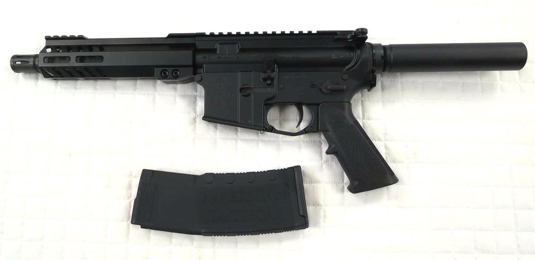 Milsport 5.56 Pistol 7.5 30R: Milsport 5.56 Pistol 7.5 30R, ATI Milsport 5.56 Pistol 7.5" 7.5" C Clamp Mlok Metal trigger group. 30Rd mag. SERIAL #MSA142943. (LINE 419)