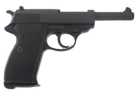 1977 WALTHER MODEL P1 9X19mm CALIBER PISTOL: 1977 WALTHER MODEL P1 9X19mm CALIBER PISTOL 1977 Walther Model P1 9x19mm caliber semi automatic pistol. Import stamped "I.O. Inc." Parkerized finish. Checkered composite grips. Lanyard loop. Four maga
