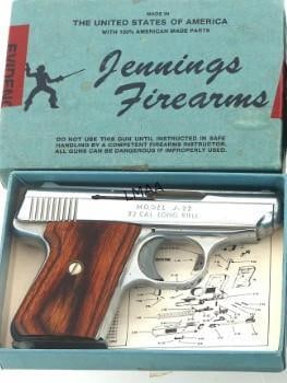 JENNINGS MODEL J-22 .22 CALIBER PISTOLS: Jennings Model J-22 .22 LR caliber semi automatic pistol. Blued finish. Fixed sights. Wood grips. One magazine. Owners manual. Cardboard Jennings box. Serial #421932 (L949)