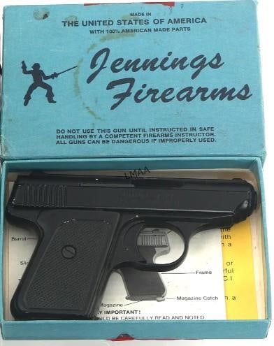 JENNINGS MODEL J-22 .22 CALIBER PISTOLS: Jennings Model J-22 .22 LR caliber semi automatic pistol. Nickel plated. Fixed sights. Wood grips. One magazine. Owners manual. Cardboard Jennings box. Serial #365778 (L950)