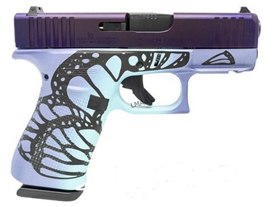 APOLLO CUSOTM GLOCK 43X 9MM 10RD MDM BUTTERFLY: APOLLO CUSOTM GLOCK 43X MADAME BUTTERFLY 9MM LUGER 10RD BARREL LENGTH 3.41 OVERALL 6.50 / 16.40 OZ 2 MAGS NEW IN CASE SERIAL NUMBER ALAA460 (L874)