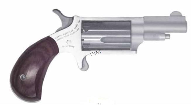 NORTH AMERICAN ARMS MINI -REVOLVER 22WMR/22L: NORTH AMERICAN ARMS MINI -REVOLVER 22WMR/22L. SINGLE ACTION STAINLESS STEEL WOOD GRIPS WEIGHS 6.2 OZ BARREL LENGTH 1.625 OVERALL LENGTH 5.25. NEW IN CASE WITH LOCK AND KEY. SERIAL #NO58054.