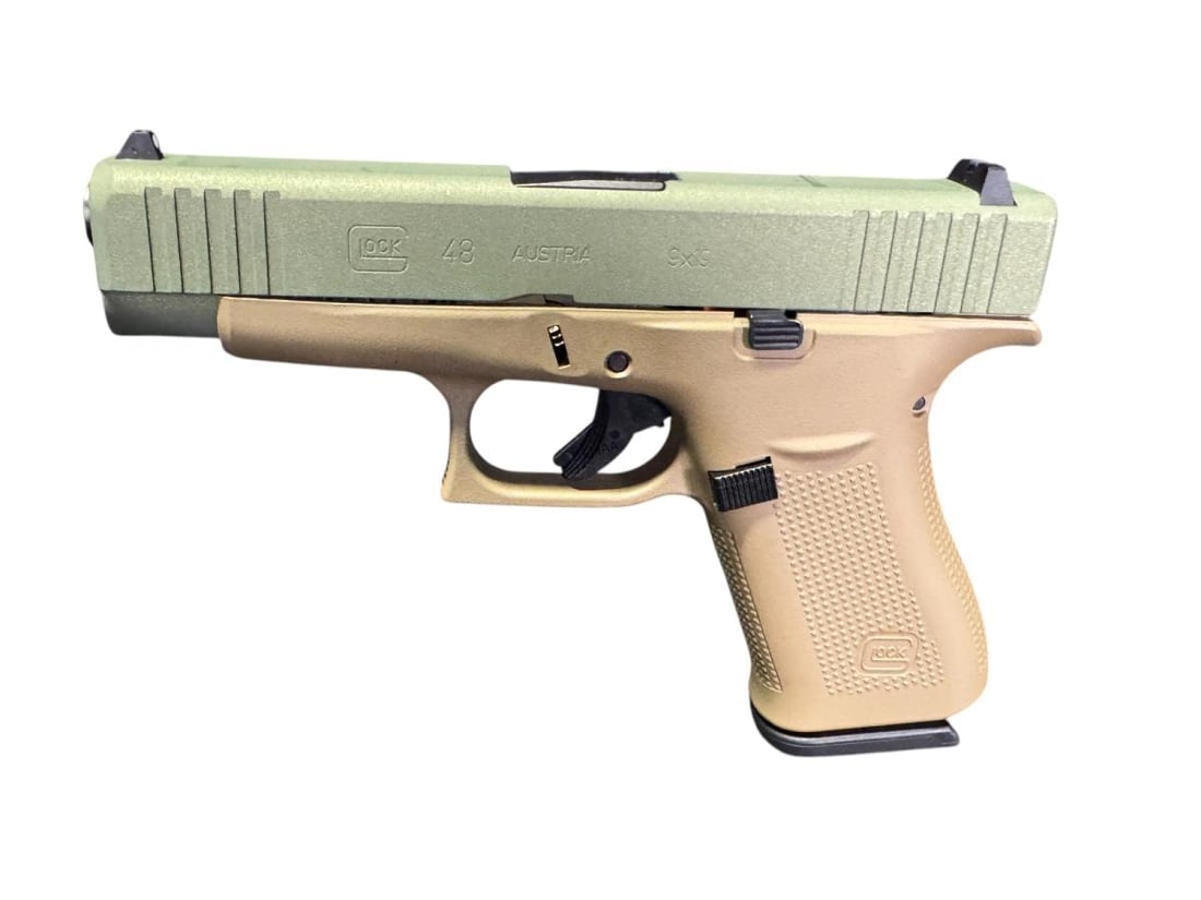 Glock G48 Compact Slim 9mm Luger Pistol: Glock G48 Compact Slim 9mm Luger Pistol 10+1 4.17" Black GMB Barrel, Agoge Green Serrated Slide, Coyote Tan Cerakote Polymer Frame w/Beavertail, Coyote Tan Polymer Grip, Right Hand New in box SERIAL