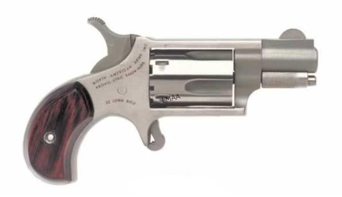NORTH AMERICAN ARMS MINI REVOLVER 22 LR: NORTH AMERICAN ARMS MINI REVOLVER 22 LR SINGLE ACTION STAINLESS STEEL WOOD GRIPS WEIGHS 4.5 OZ OVERALL LENGTH 4.25. SERIAL #N063578. (L896)