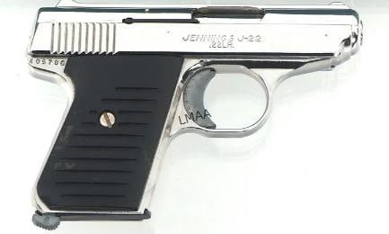 JENNINGS MODEL J-22 .22 CALIBER PISTOLS: Jennings Model J-22 .22 LR caliber semi automatic pistol. Nickel plated. Fixed sights. Composite grips. One magazine. Serial #405786 (L948)