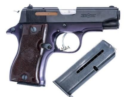 STAR FIREARMS DK STARFIRE: Description Star DK Starfire in .380 ACP with two, six round removable maga 3.25" barrel. Made in Spain in 1964. Checkered composite grip plates. Blued frame. Serrated nickel trigger and knurled