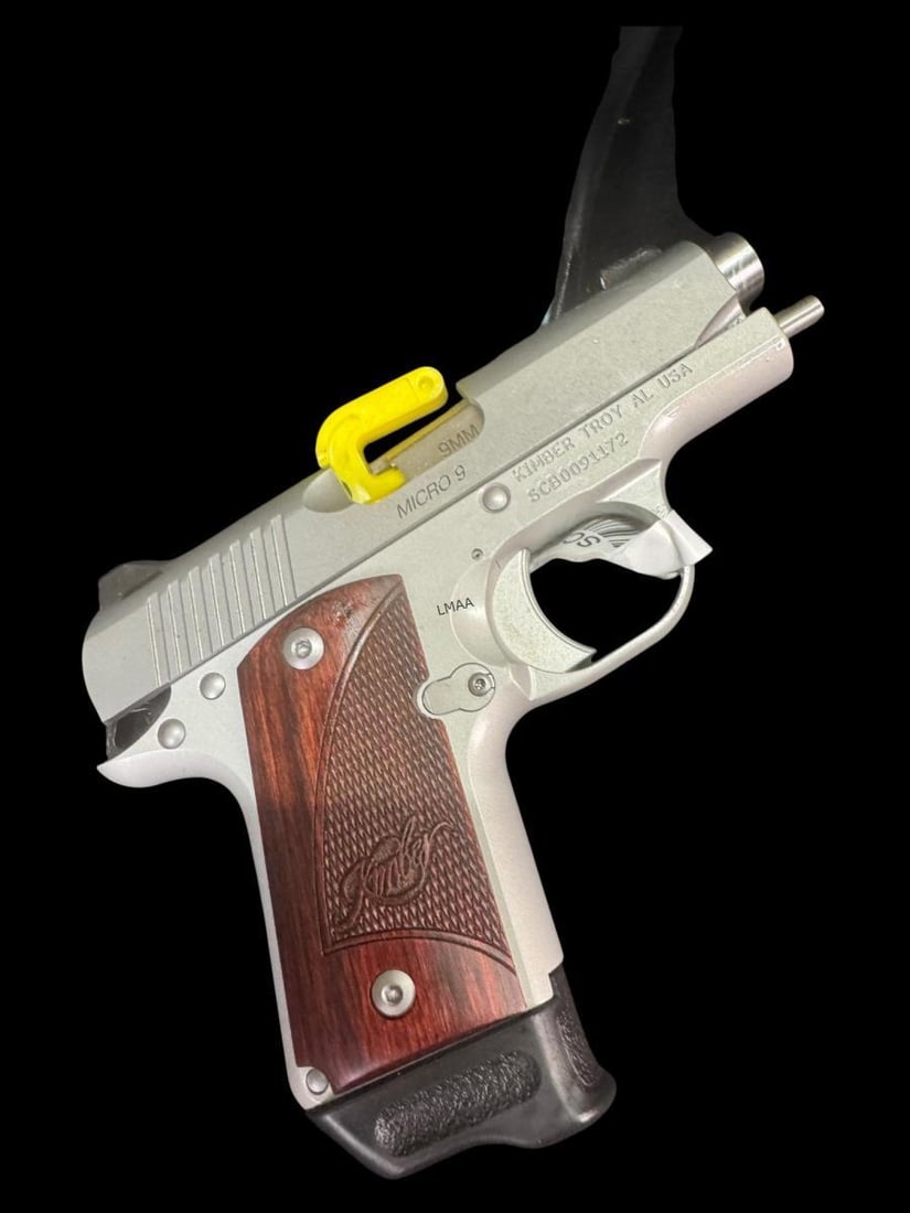 KIMBER TROY MICRO 9, COMPACT 1911 STYLE-SEMI AUTO: KIMBER TROY MICRO 9, COMPACT 1911 STYLE-SEMI AUTOMATIC. SERIAL # SCB0091172, WOOD GRIP WITH HOLSTER AND EXTENDED MAGAZINE