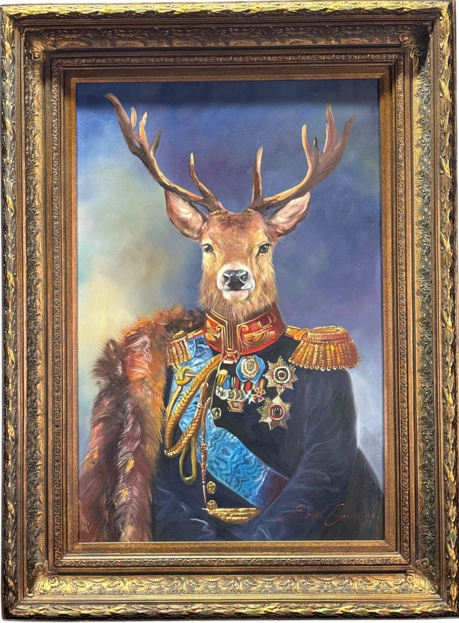 HAND PAINTED DEER IN MILITARY UNIFORM: HAND PAINTED DEER IN MILITARY UNIFORM Height: 48 in. by Width: 36 in.
