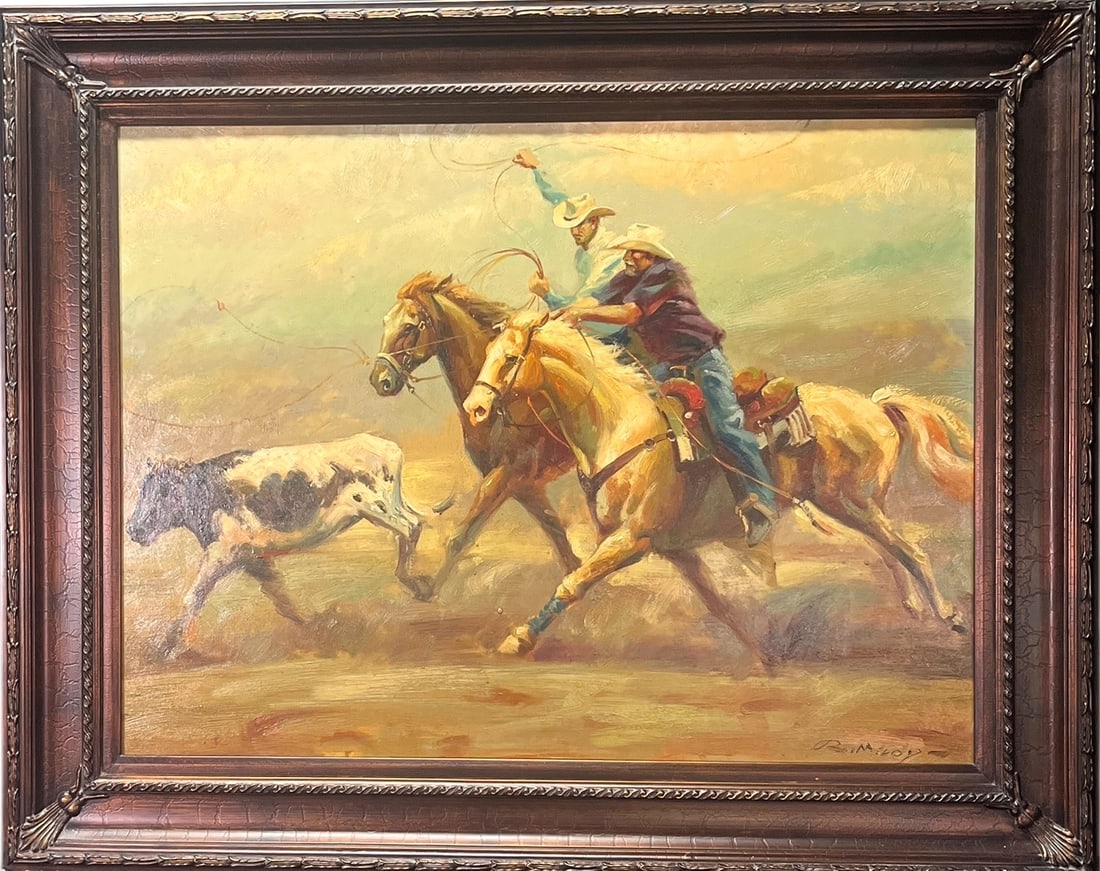 LARGE WESTERN COWBOY OIL PAINTING, SIGNED: LARGE WESTERN COWBOY OIL PAINTING, SIGNED PRESENTED IN A CARVED DARK WOOD FRAME. Height: 40 in. by Width: 49.5 in.