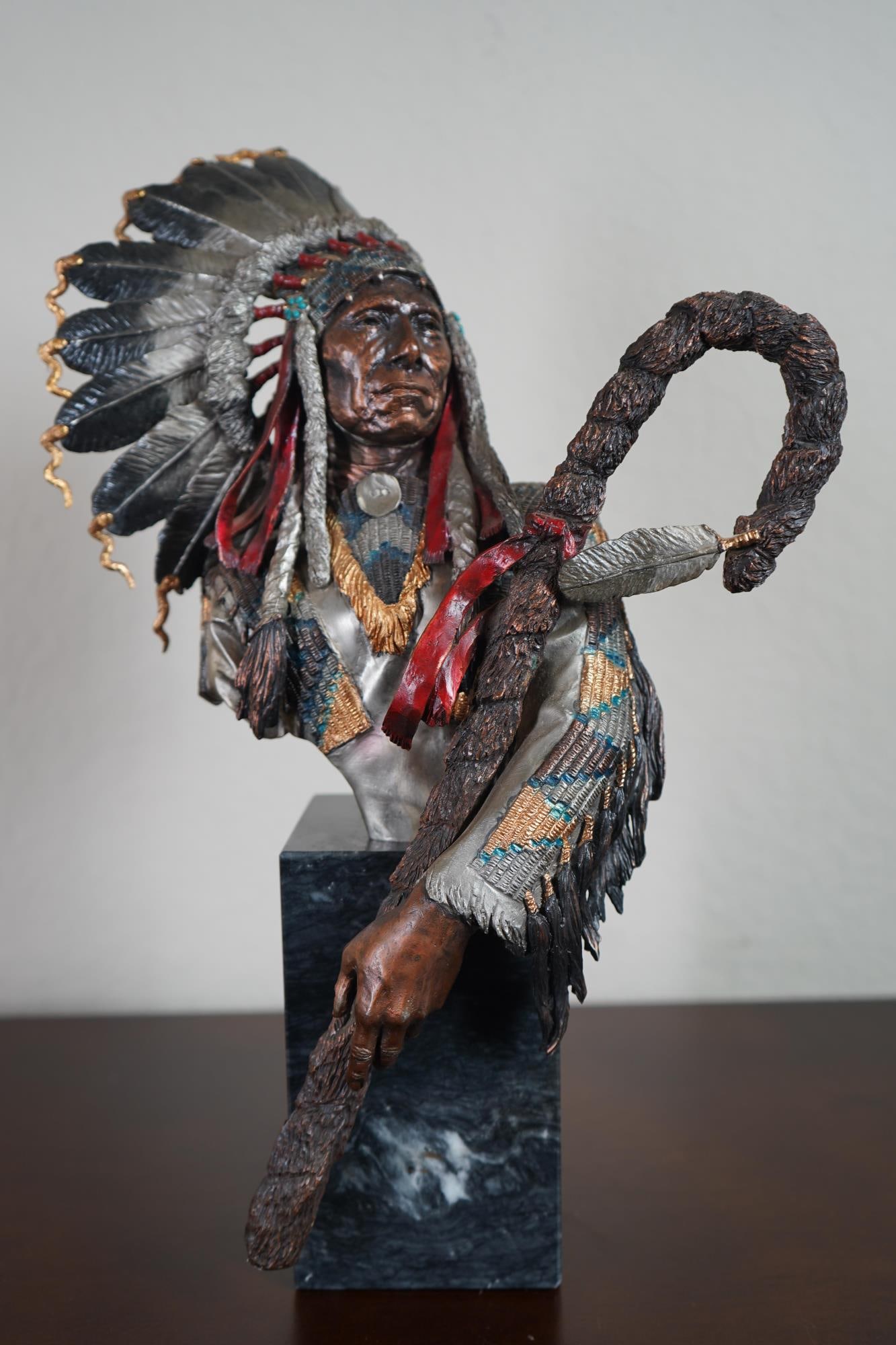 Victorious Red Cloud, mixed Media, Bronze: Victorious Red Cloud, mixed Media, Bronze Sculpture featuring detailed bronze and pewter construction with a 24k gold accents by C.A. Pardell ? AP/950. (2)